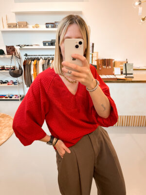 SLFAmida 3/4 V-Neck Top | Red Checks - Selected Femme