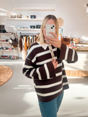 Alternative view of YASIsabell Polo Knit Pullover | Chocolate Brown/Stripes - Y.A.S