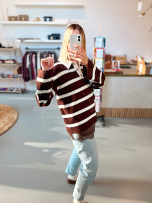YASIsabell Polo Knit Pullover | Chocolate Brown/Stripes - Y.A.S