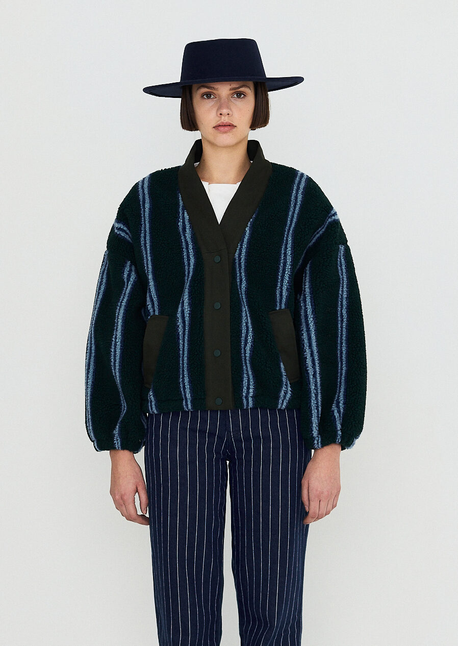 Sherpa Jacket V-Neck | Green/Blue - The Tiny Big Sister